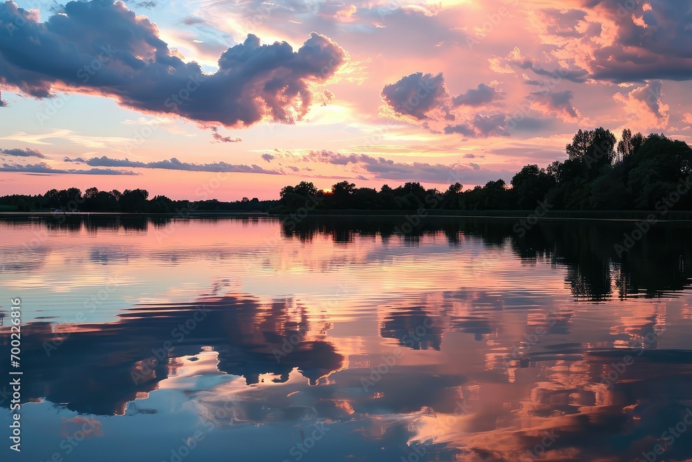 Soft pastel sky with heart-shaped clouds drifting over a serene lake, reflecting the gentle hues of dawn or dusk.