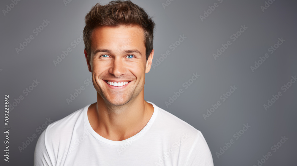 Studio portrait of a smiling man wearing a white T-shirt, exuding confidence and friendliness against a neutral gray background. Studio portrait of a smiling man wearing a white T-shirt, exuding confidence and friendliness against a neutral gray background.
