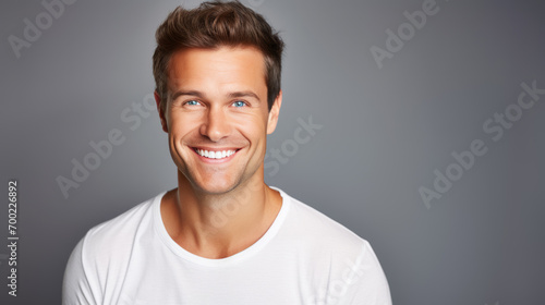 Studio portrait of a smiling man wearing a white T-shirt, exuding confidence and friendliness against a neutral gray background.