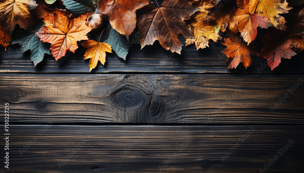 Obraz premium The empty wooden table top with blur background of autumn. Exuberant image.