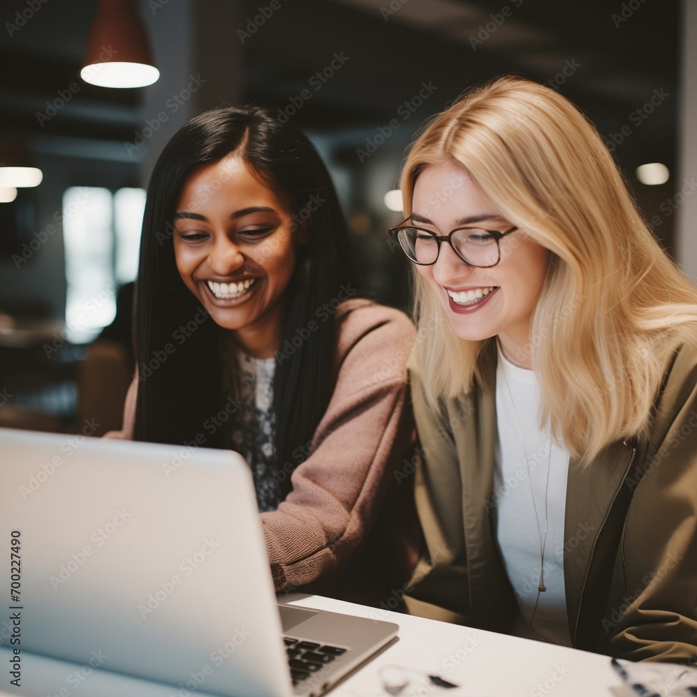 Fototapeta premium Two woman working at a coffee shop, looking at their laptop.