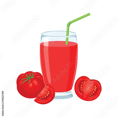 Tomato juice in glass isolated on white background. Fresh vegetable drink. Vector cartoon illustration.