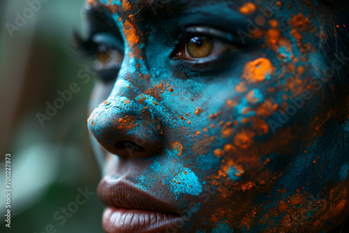 Close up portrait woman symbolizes meditation, cleansing photo