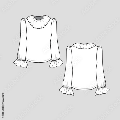 Neck Ruffles fashion top neckline ruffles  Long Gathering frill hem puff Sleeve Fashion flat sketch cad outline technical drawing template design vector