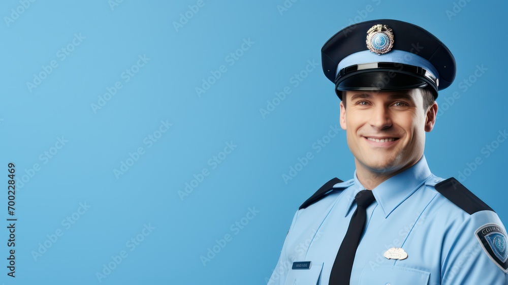 Police officer on light blue background with lots of copy space on the right side created with Generative AI Police officer on light blue background with lots of copy space on the right side created with Generative AI