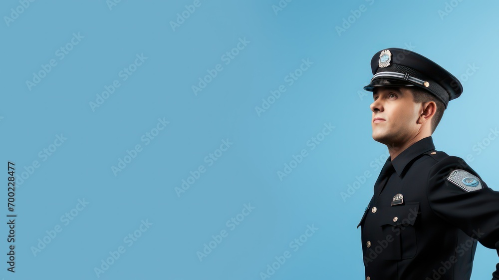 Police officer on light blue background with lots of copy space on the right side created with Generative AI Police officer on light blue background with lots of copy space on the right side created with Generative AI