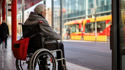 Elderly person from behind, seated in a wheelchair at a public transport stop