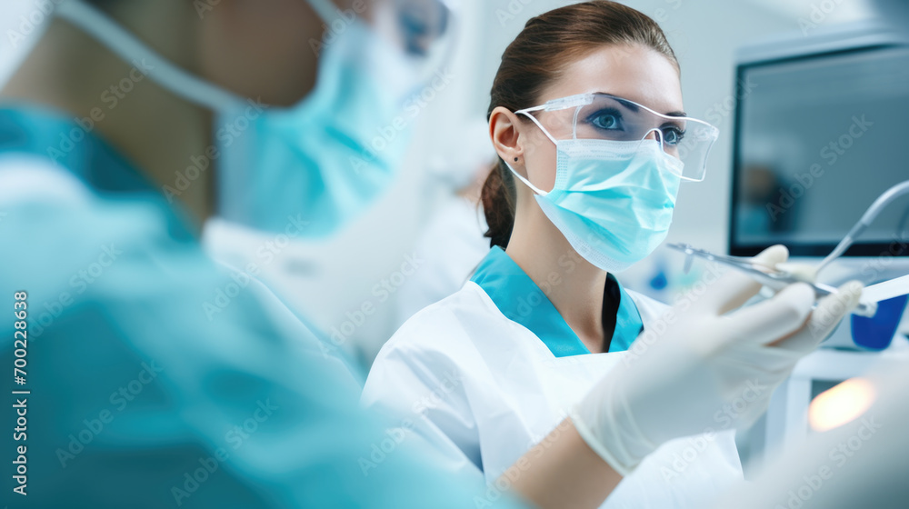Surgeon or dentist wearing blue scrubs, a surgical mask, goggles, and a hair cap, holding instruments, preparing for a procedure in a clinical setting with bright lighting. Surgeon or dentist wearing blue scrubs, a surgical mask, goggles, and a hair cap, holding instruments, preparing for a procedure in a clinical setting with bright lighting.