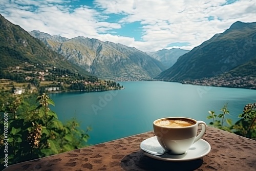 coffee cup on the lake background
