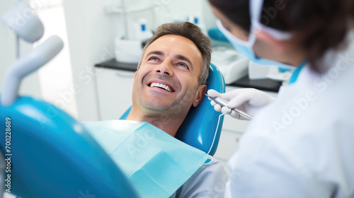 Close-up view of a dental examination with a male patient smiling while a dentist wearing gloves conducts an oral checkup using a dental mirror.