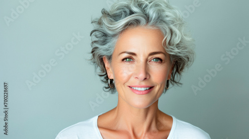 Portrait of a mature lady. Amazing fifty year old woman smiling happily in white casual clothes  close up  healthy face  skin care  beauty concept  skin care cosmetics. on a gray background.
