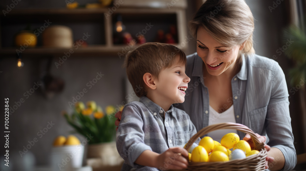 Fototapeta premium Young child and a parent, smiling at each other while holding a basket full of colorful Easter eggs