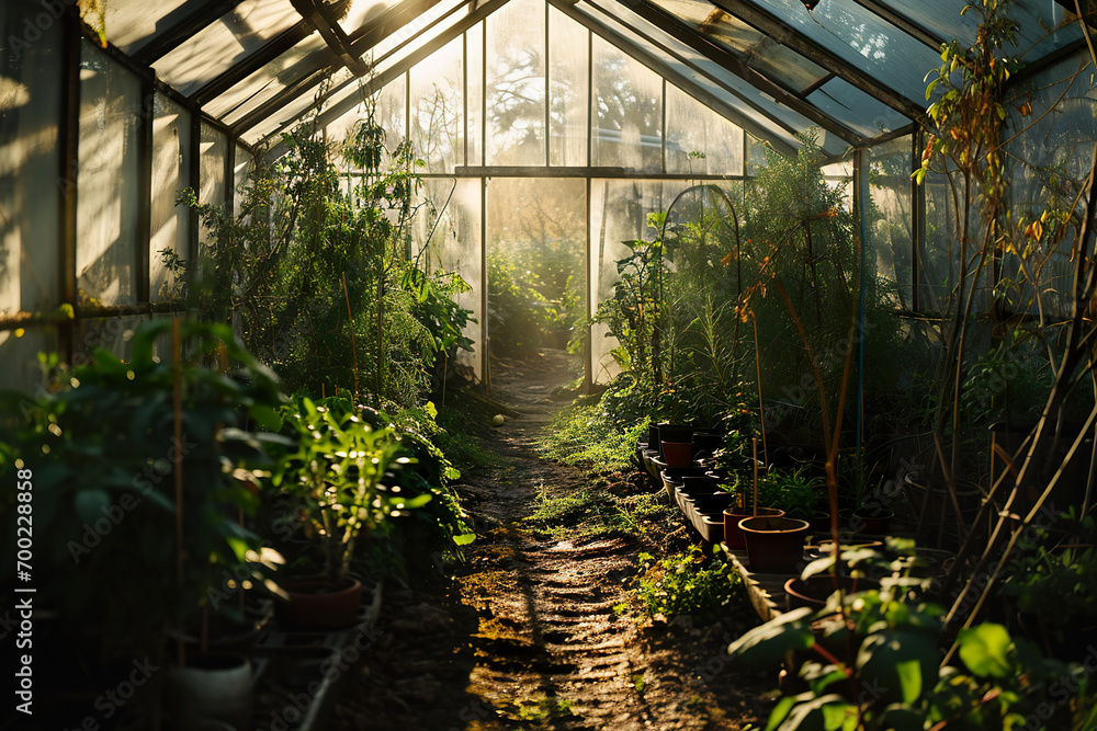Organic herb garden inside a greenhouse.