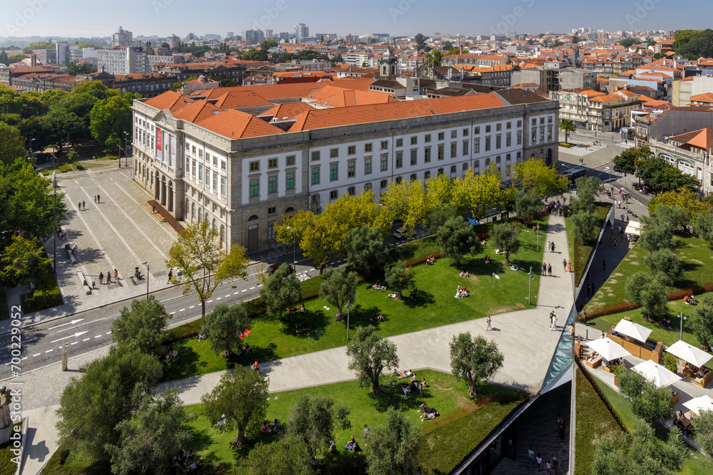 Panoramic views of the University of Porto, History and Science Museum and Lisboa square from the tower of Clerigos Church, in Portugal. 