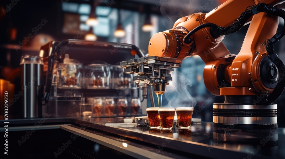 Futuristic robotic arm brew coffee and barista in coffee shop Futuristic robotic arm brew coffee and barista in coffee shop