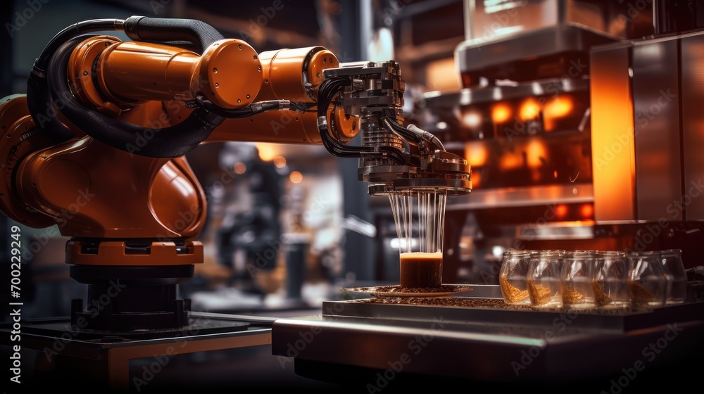 Futuristic robotic arm brew coffee and barista in coffee shop