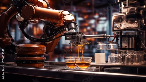 Futuristic robotic arm brew coffee and barista in coffee shop