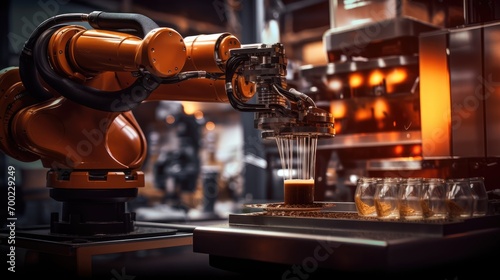 Futuristic robotic arm brew coffee and barista in coffee shop