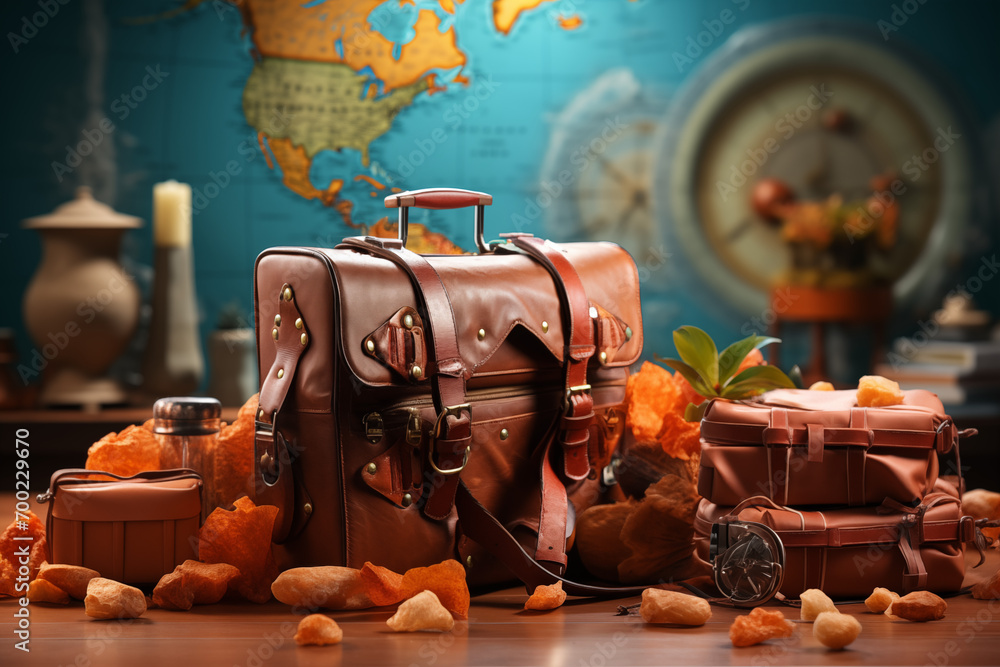 Przygotowania do Wielkiej Przygody. Ilustracja przedstawiająca walizkę podróżną na tle mapy świata, emanującą gotowością do wielkiej podróży i nowych odkryć. - obrazy, fototapety, plakaty 