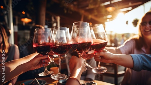 Wallpaper Mural Hands of group people drinking red wine ,eating pizza ,french-fries, pub and restaurant Torontodigital.ca