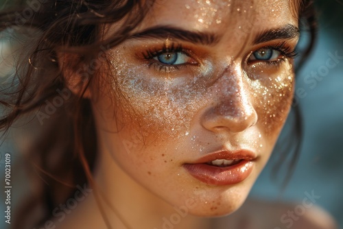 Creative Glitter Makeup on Woman's Face. Woman's face with creative golden glitter makeup under natural light, showcasing modern makeup trends.