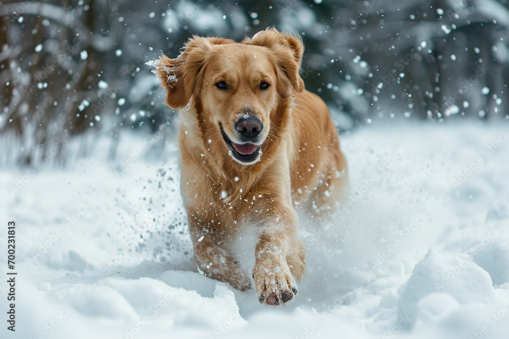 Playful Golden Retriever in the snow in early February.