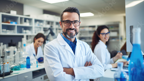 Smiling scientist with glasses and a lab coat stands confidently in a laboratory, with shelves stocked with scientific supplies in the background and colleagues working behind him.