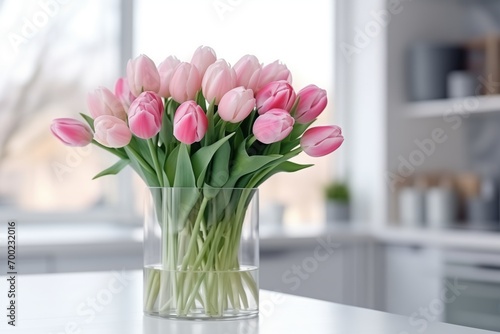 Pink tulips in glass vase on the table of light modern kitchen