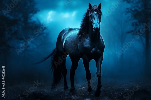 Black horse at blue hour