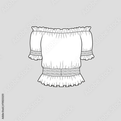Off Shoulder Smocked Top Smocking gathering ruffles frill fashion clothing flat sketch technical drawing template design vector