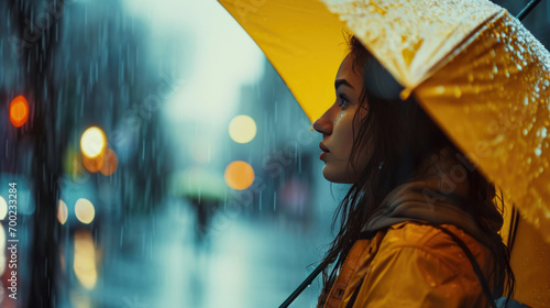 femme dans la rue sous la pluie la nuit abritée par un parapluie