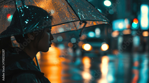 femme dans la rue sous la pluie la nuit abritée par un parapluie