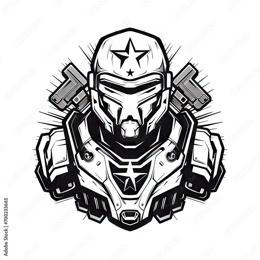 Monochrome Military Soldier Portrait - Bold Graphic T-Shirt Print with a Fierce Combatant and Tactical Gear. Monochrome Military Soldier Portrait - Bold Graphic T-Shirt Print with a Fierce Combatant and Tactical Gear.