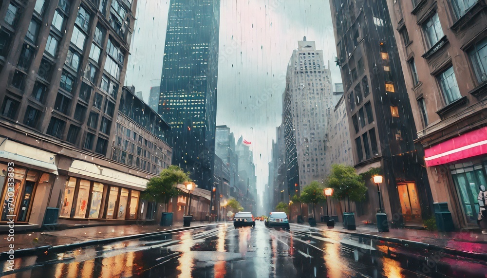 An illustration of a cityscape with skyscrapers standing in the rain. An illustration of a cityscape with skyscrapers standing in the rain.