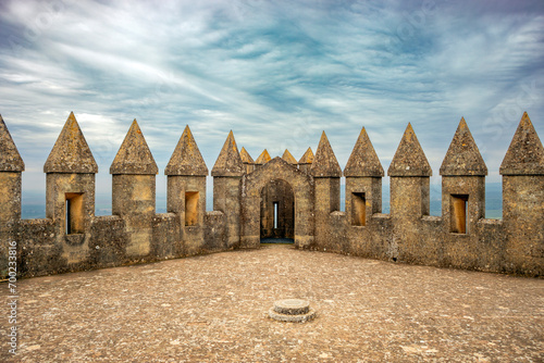Detail of the battlements of a tower of the castle of Almodovar del Rio, Córdoba, Andalusia, Spain