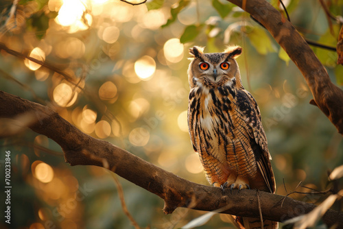 The Philippine Eagle-Owl perching on a dense tree branch during the soft glow of sunset © Veniamin Kraskov