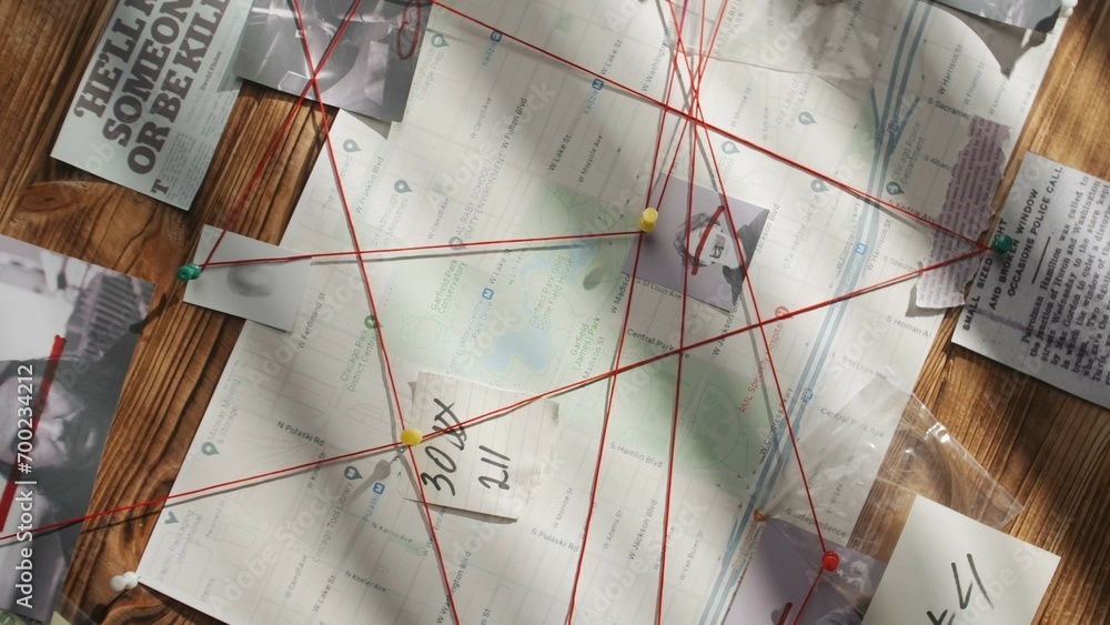 Obraz premium Close up shot of investigation board. Detective board with pieces of newspapers, killer photographs, map and red thread connecting clue proofs.