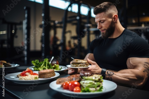 A photograph of a man on a bench press at the gym eating plate full of healthy food, zoomed out to see the gym background 