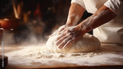 A baker kneads dough on a floured surface, preparing to create delicious bread or pastries, with the aroma of freshly baked goods filling the kitchen, depth of field control method, manga