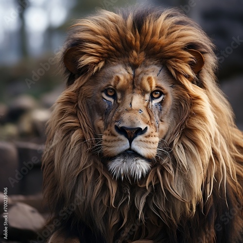 A lion in its enclosure looking forward at a rocky wall