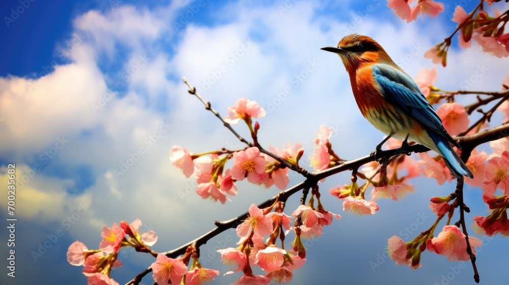 A lovely bird settled on the branch, enjoying the beautiful flowers and the blue sky and white clouds, silhouette photography, Expressionism, A lovely bird settled on the branch, enjoying the beautiful flowers and the blue sky and white clouds, silhouette photography, Expressionism,