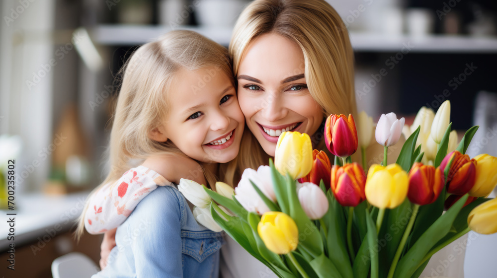 Mother and daughter smiling gently, with a bright bouquet of tulips in the foreground.