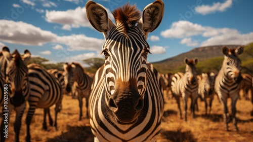 Portrait of zebra herd group in african savanna walking