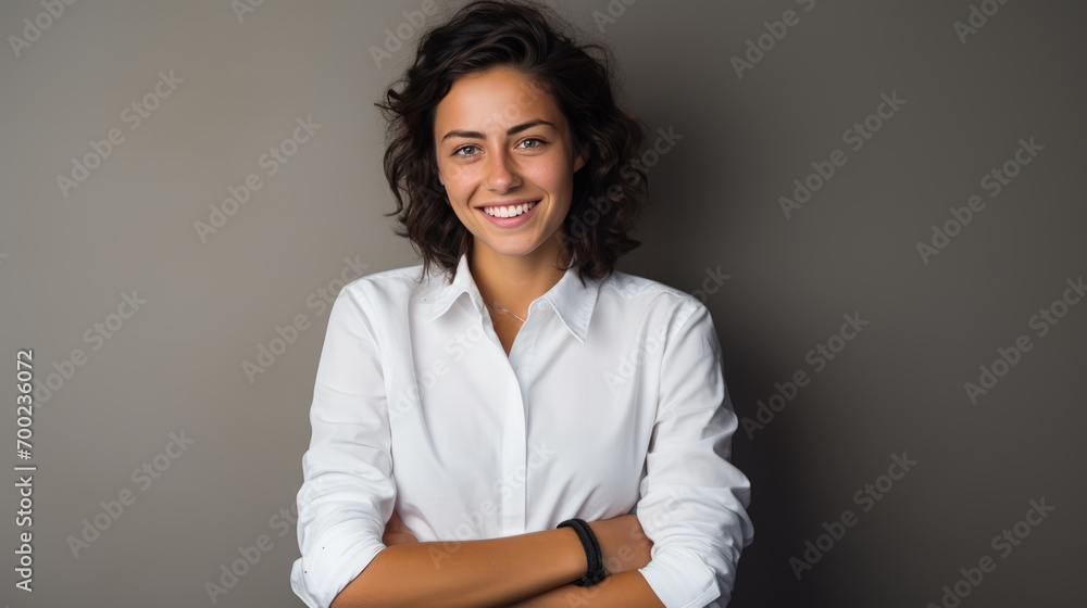 Studio portrait of a woman with dark hair wearing a white blouse, her arms crossed, looking directly at the camera with a slight smile and a confident, approachable expression. Studio portrait of a woman with dark hair wearing a white blouse, her arms crossed, looking directly at the camera with a slight smile and a confident, approachable expression.