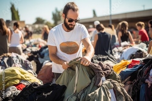 A person takes part in a clothing swap event organized by a sustainable fashion brand, photo