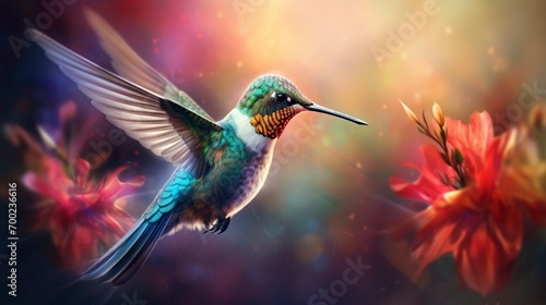 A ruby-throated hummingbird hovering by a vibrant flower, wings a blur. © muhammad