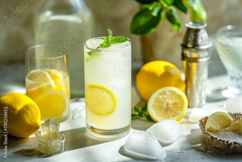 Tom Collins ingredients display, an artful arrangement showcasing the key components of a Tom Collins, including gin, lemon juice, simple syrup.