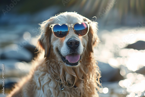 Smiling Golden Retriever with heart-shaped sunglasses.