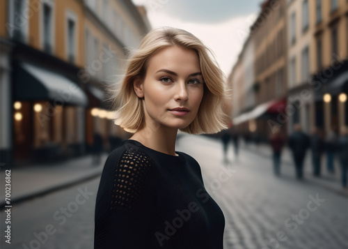 A blonde girl of model appearance with short hair and an athletic build stands on the street in a black jumper, looking into the frame. Street style. Cloudy summer day.