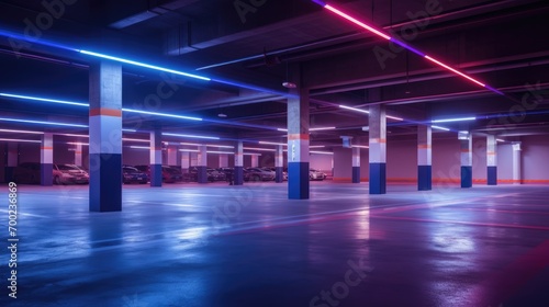 Abstract empty parking interior with concrete pillars and neon lights  © sambath